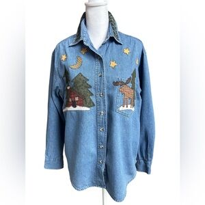 VTG 90s Rivers’ End cabincore rustic moose nature embroidered denim folk shirt S